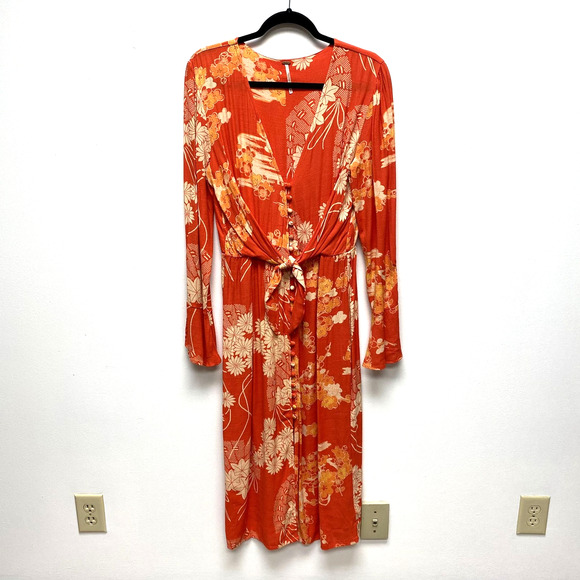 Free People Women Red Mixed Print Midi Button Front Twist Tie Waist Dress Medium - Picture 1 of 12